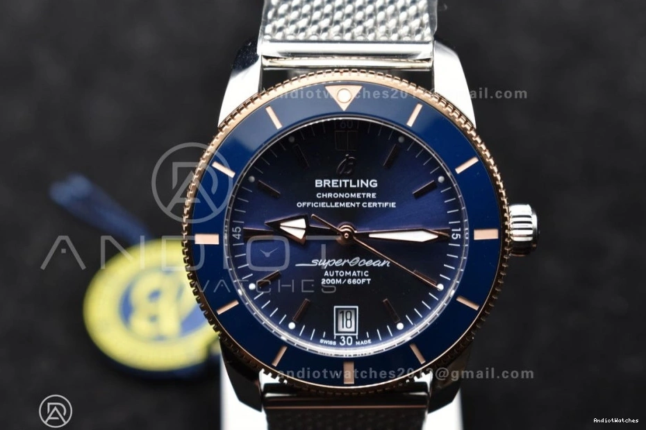 Ceramic BLSF SS Blue Dial and RG Blue II Bracelet Bezel A SuperOcean WaterResistant 1172 Mesh 42mm Heritage Bezel on 1213